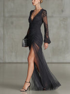 Sofia | Dark Grey Lace Ruched Maxi Dress