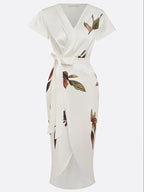 Judy | White Leaf Short Sleeve Satin Midi Dress