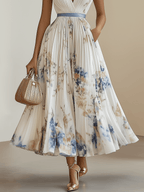 Chloe | White Floral Chiffon V-Neck Pleated Midi Dress