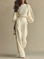 Isa | Ivory Crew Neck Top And High-waisted Wide-leg Pants Set
