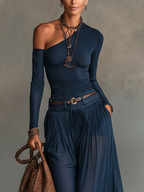 Lore | Navy One-shoulder Top And Skirt Two-piece Set