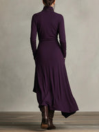 Giorgia - Asymmetrical Maxi Pleated Dress in Purple with High Neck (Necklace not included)