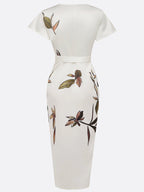 Judy | White Leaf Short Sleeve Satin Midi Dress