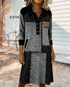 Dress Button Flip V-neck Color Block Modern
